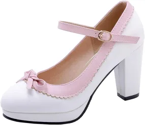 Caradise Womens Sweet Shoes Chunky Platform Mary Janes Pumps with Bow
