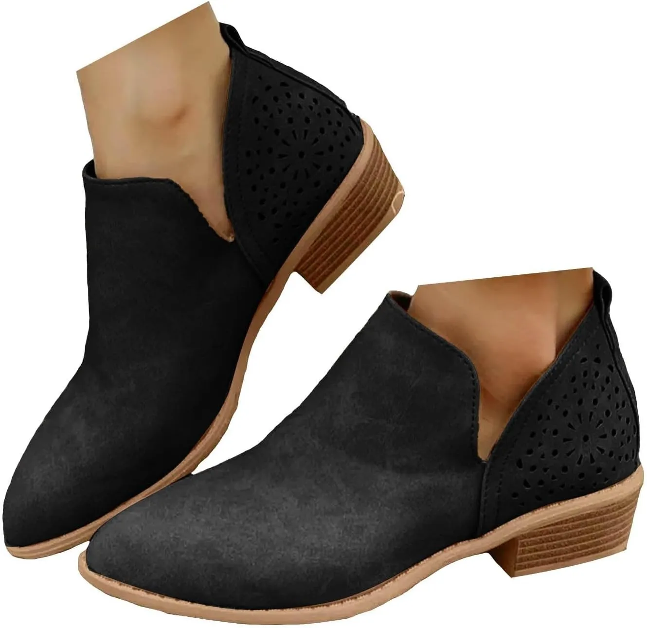 Cathalem Ankle Boots for Wome V Cutout Ankle Boots Pointed Toe Chunky Stacked Heel Booties Western Boots Low Heel Boots