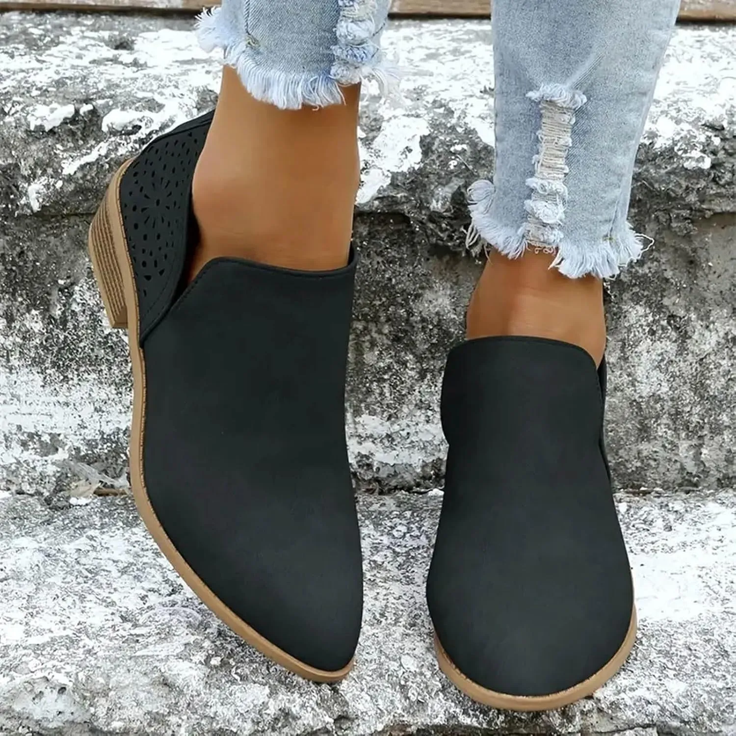 Cathalem Ankle Boots for Wome V Cutout Ankle Boots Pointed Toe Chunky Stacked Heel Booties Western Boots Low Heel Boots