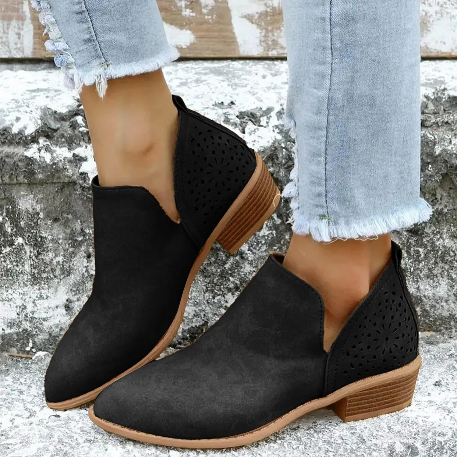 Cathalem Ankle Boots for Wome V Cutout Ankle Boots Pointed Toe Chunky Stacked Heel Booties Western Boots Low Heel Boots