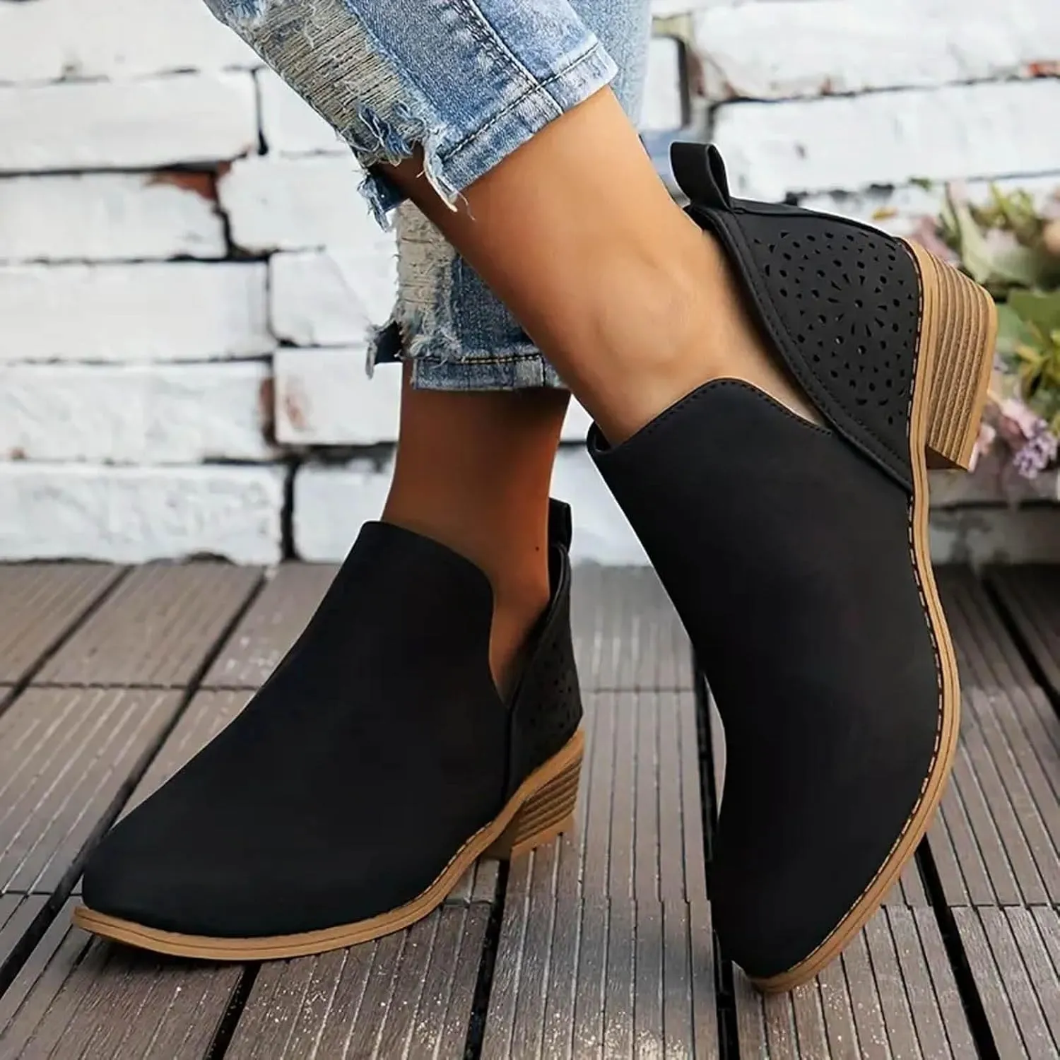 Cathalem Ankle Boots for Wome V Cutout Ankle Boots Pointed Toe Chunky Stacked Heel Booties Western Boots Low Heel Boots