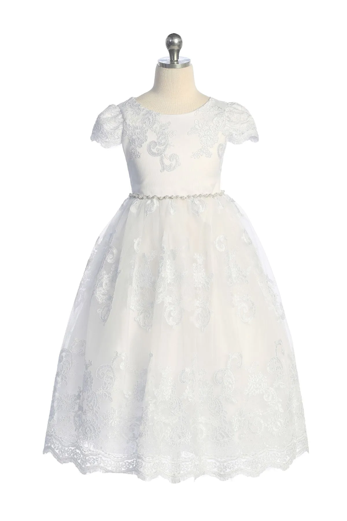 Cording Embellished Lace Sleeve Long Girls Dress with Plus Sizes