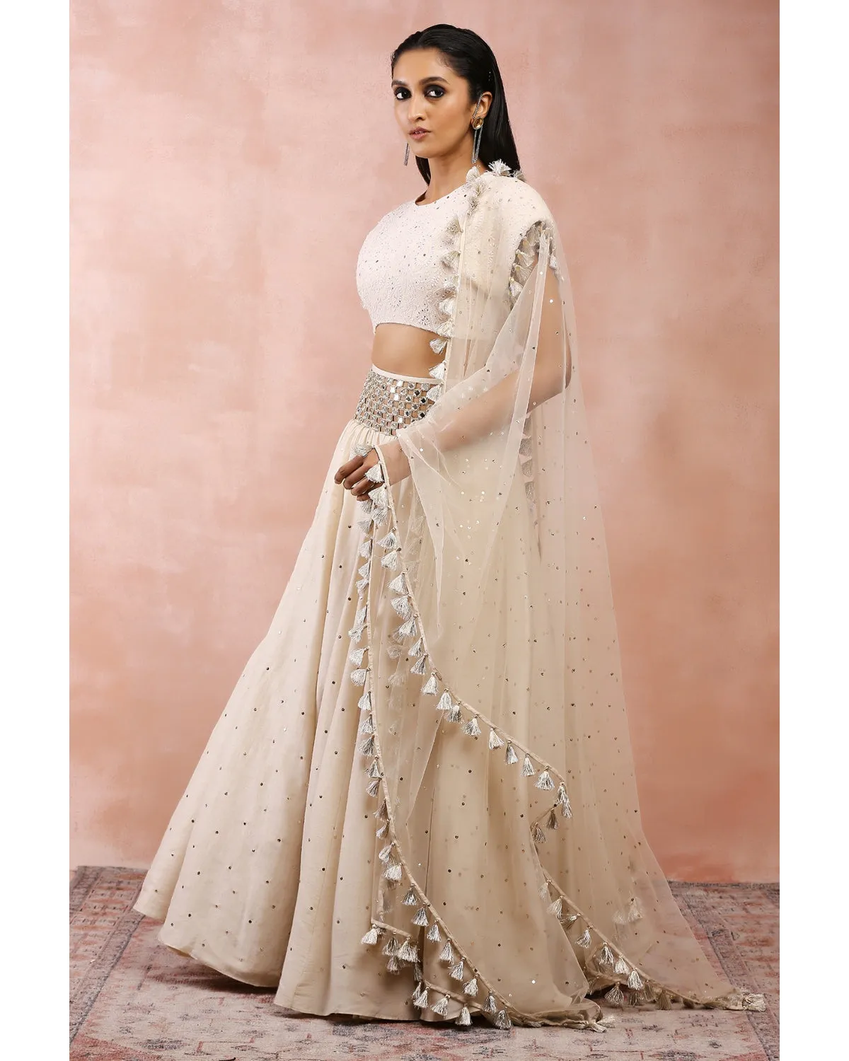 Cream Top With Embroidered Belt Lehenga And Dupatta