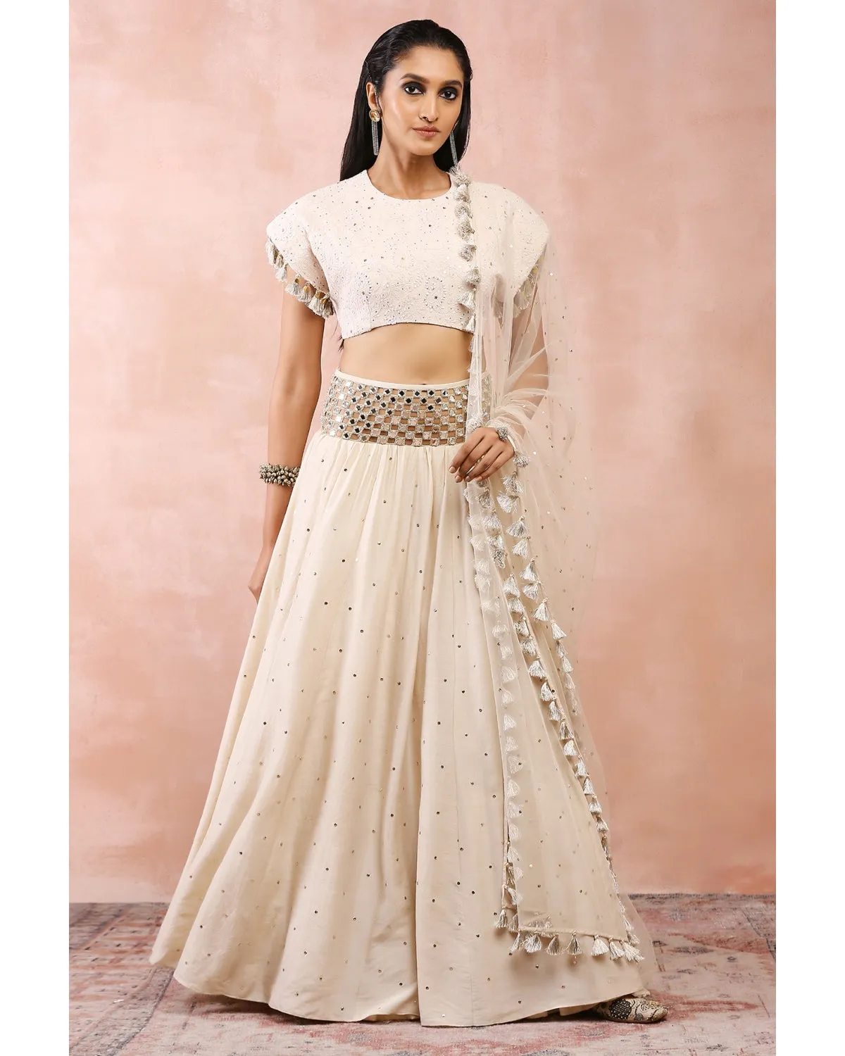 Cream Top With Embroidered Belt Lehenga And Dupatta
