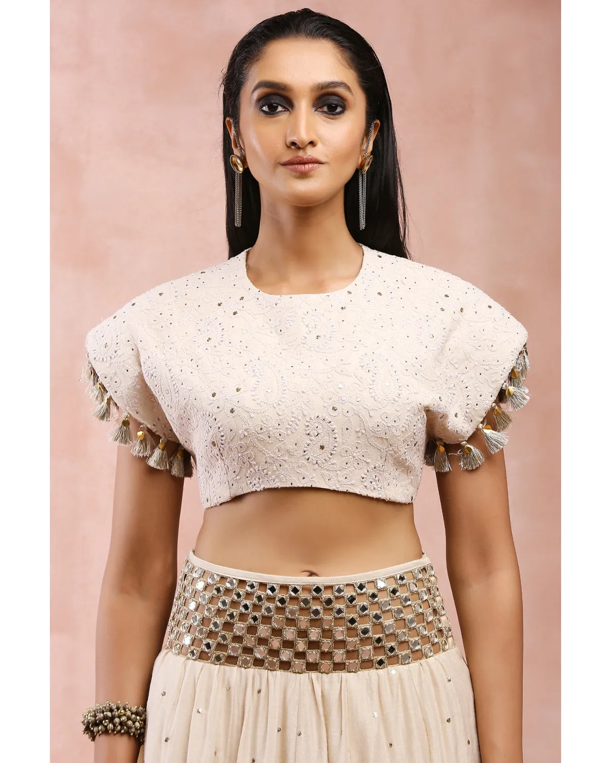 Cream Top With Embroidered Belt Lehenga And Dupatta