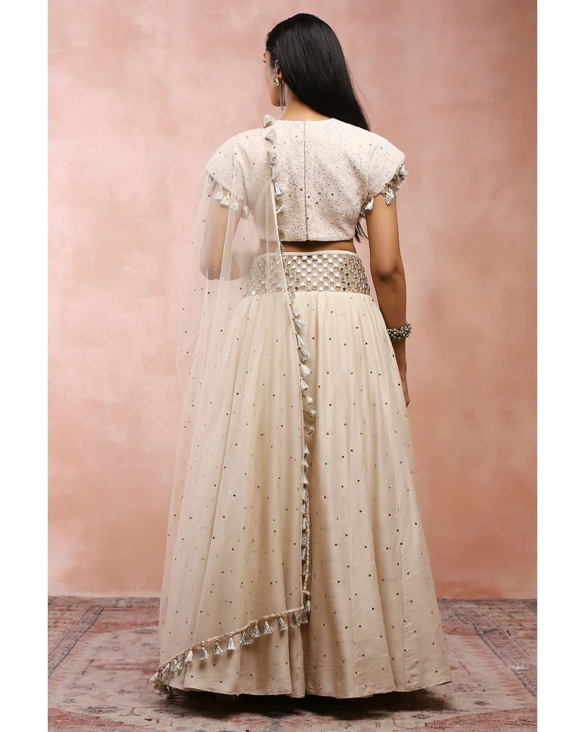 Cream Top With Embroidered Belt Lehenga And Dupatta