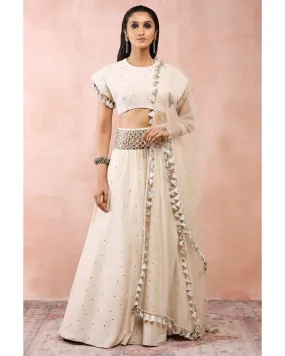 Cream Top With Embroidered Belt Lehenga And Dupatta