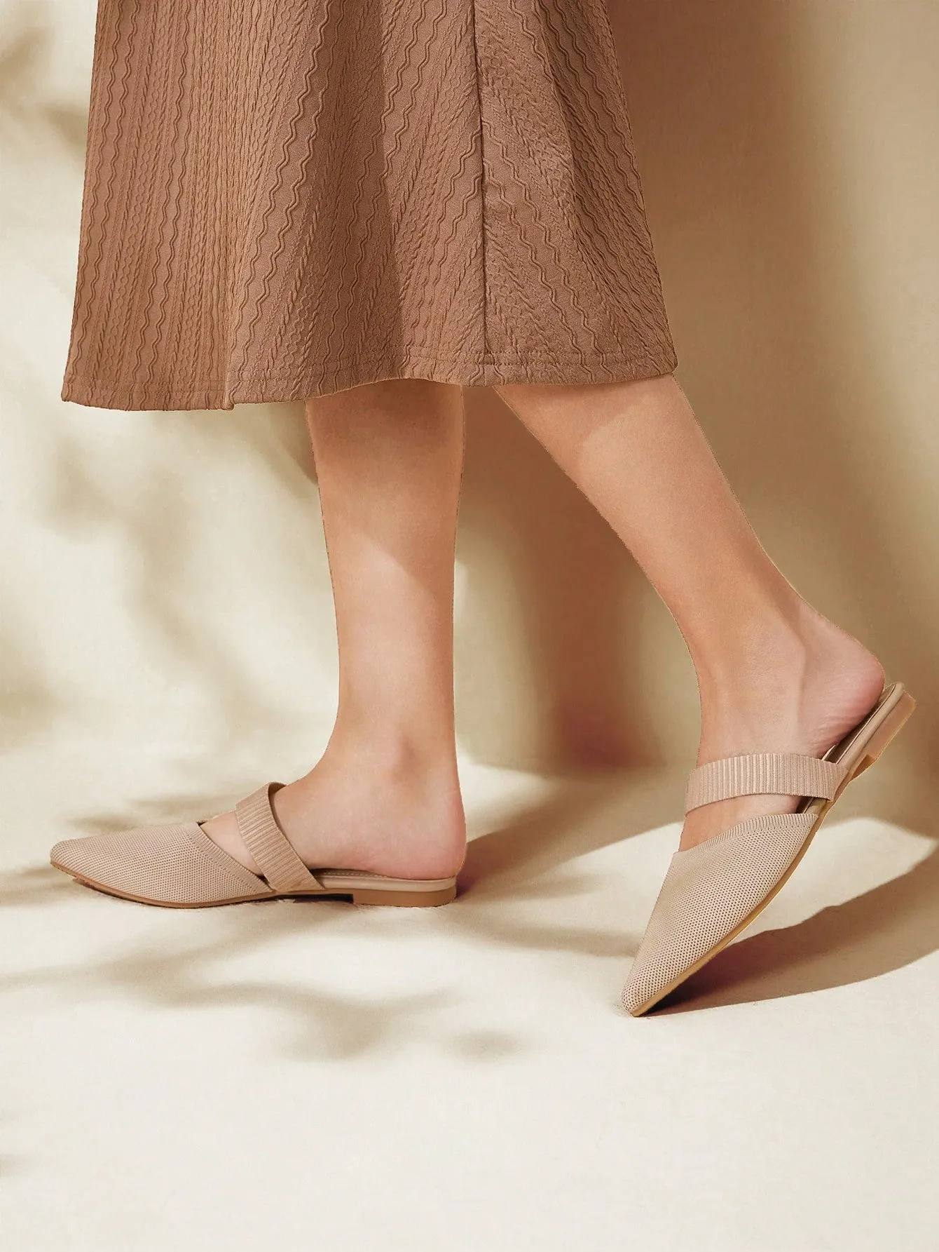 CUCCOO BASICS Woman Shoes Fashion Ribbed Point Toe Simple Beige Flat Mules For Spring And Summer Vacation Shoes Summer Sale Back To School Shoes College Student Shoes
