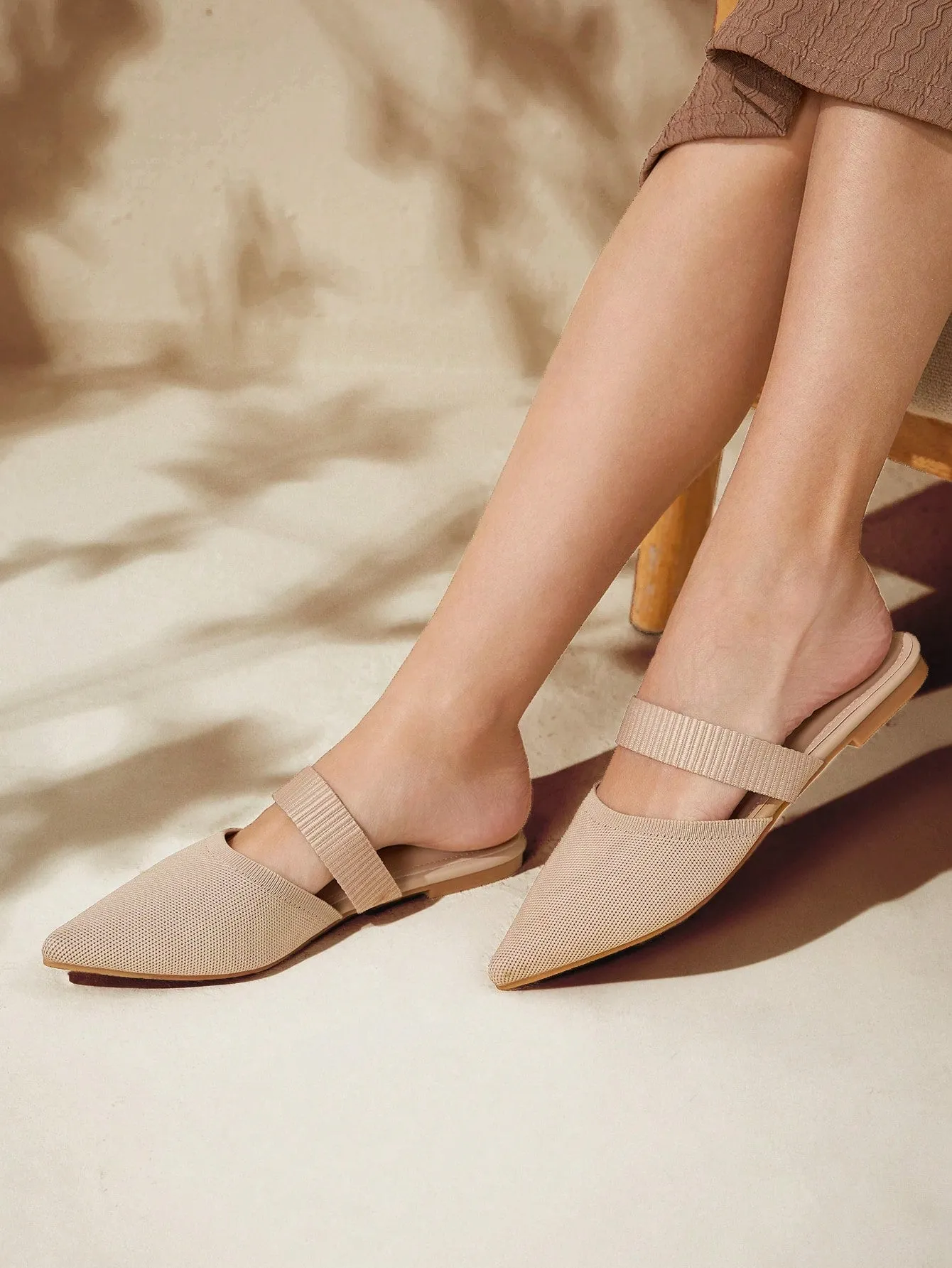 CUCCOO BASICS Woman Shoes Fashion Ribbed Point Toe Simple Beige Flat Mules For Spring And Summer Vacation Shoes Summer Sale Back To School Shoes College Student Shoes
