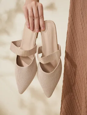 CUCCOO BASICS Woman Shoes Fashion Ribbed Point Toe Simple Beige Flat Mules For Spring And Summer Vacation Shoes Summer Sale Back To School Shoes College Student Shoes
