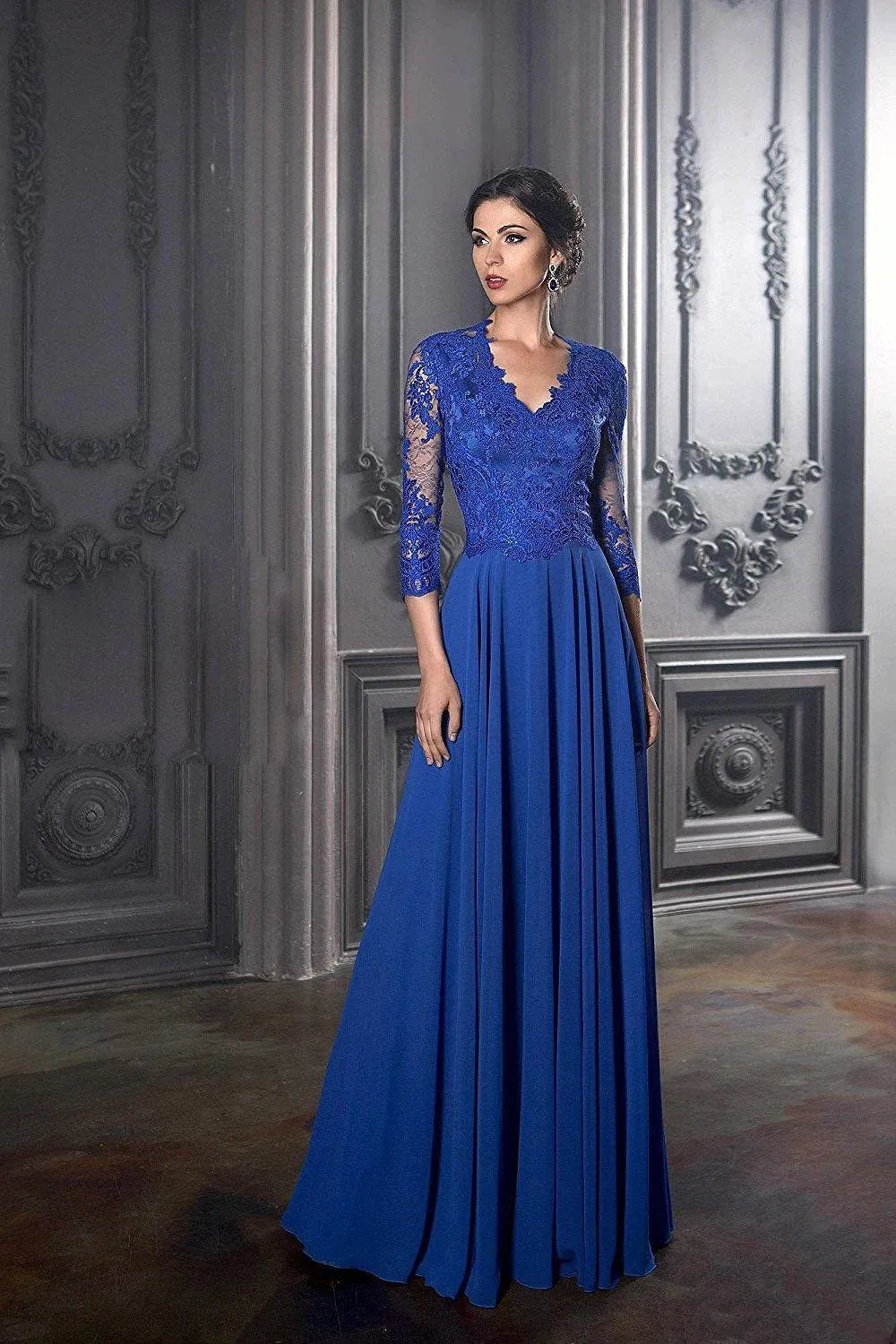 Elegant Blue Mother of the Bride Dresses Long Sleeves Lace Exquisite Chiffon A Line Wedding Party Guest Evening Prom Gowns 2024