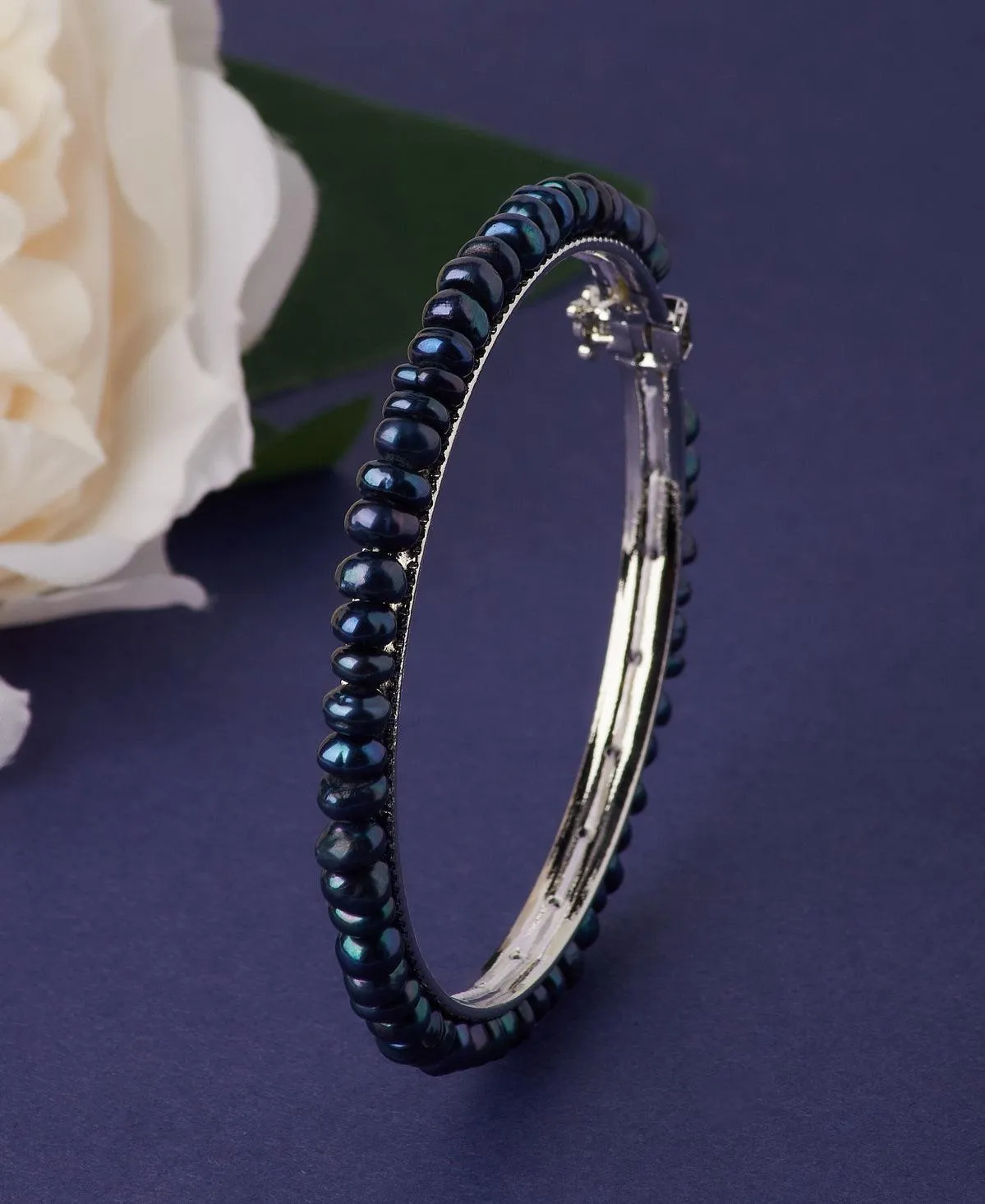 Elegant Rhodium Black Pearl Bangle