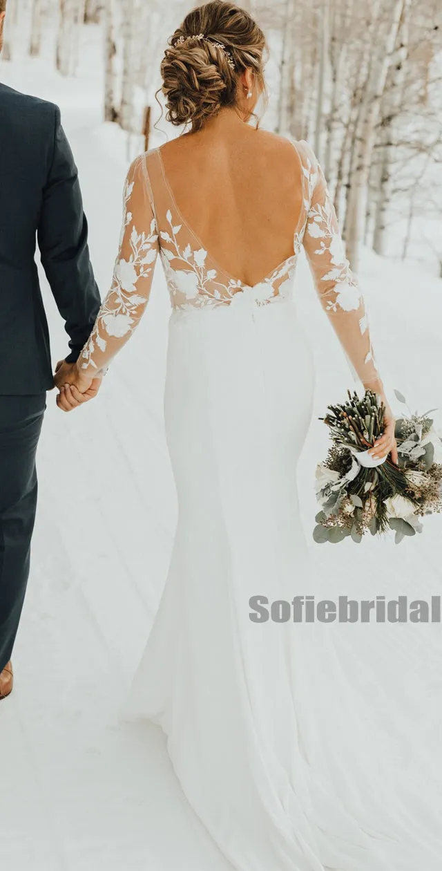Elegant V-neck Mermaid V-back Long Sleeve Wedding Dresses,SFWD0048