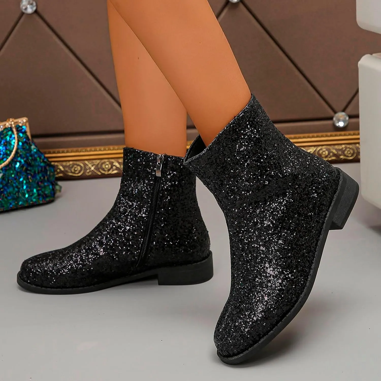 Fashion Glitter Ankle Boots Women Sparkly Zipper Low Heel Booties Shoes Round Toe Sequin Short Boot Mid Calf Bootie Wide Width Booties For Women Todays Deals In Clearance