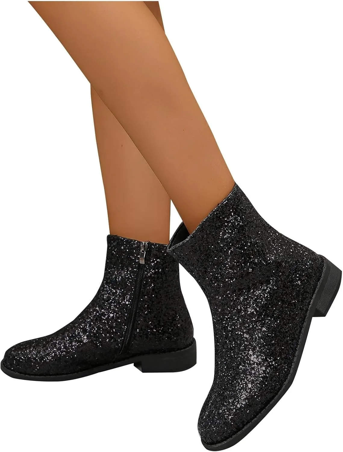 Fashion Glitter Ankle Boots Women Sparkly Zipper Low Heel Booties Shoes Round Toe Sequin Short Boot Mid Calf Bootie Wide Width Booties For Women Todays Deals In Clearance