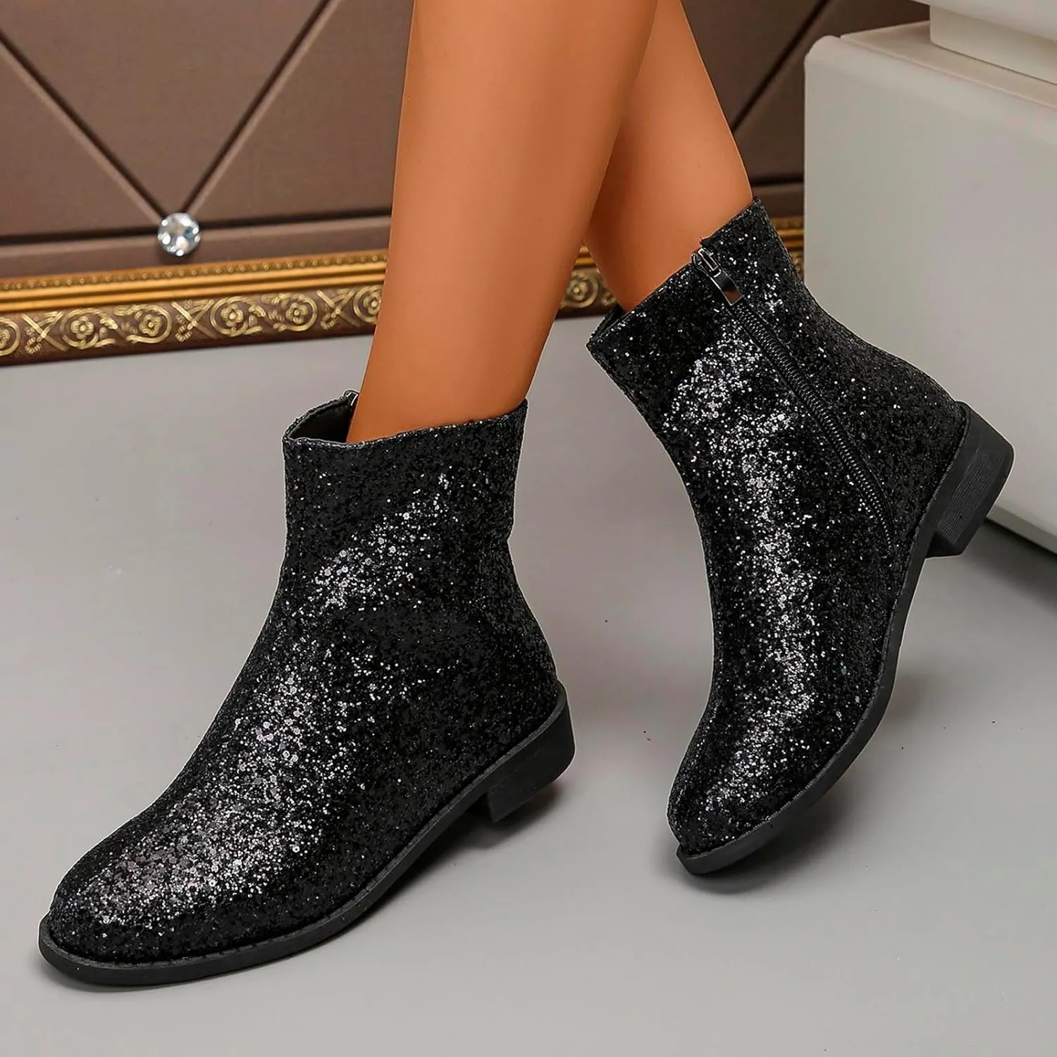 Fashion Glitter Ankle Boots Women Sparkly Zipper Low Heel Booties Shoes Round Toe Sequin Short Boot Mid Calf Bootie Wide Width Booties For Women Todays Deals In Clearance