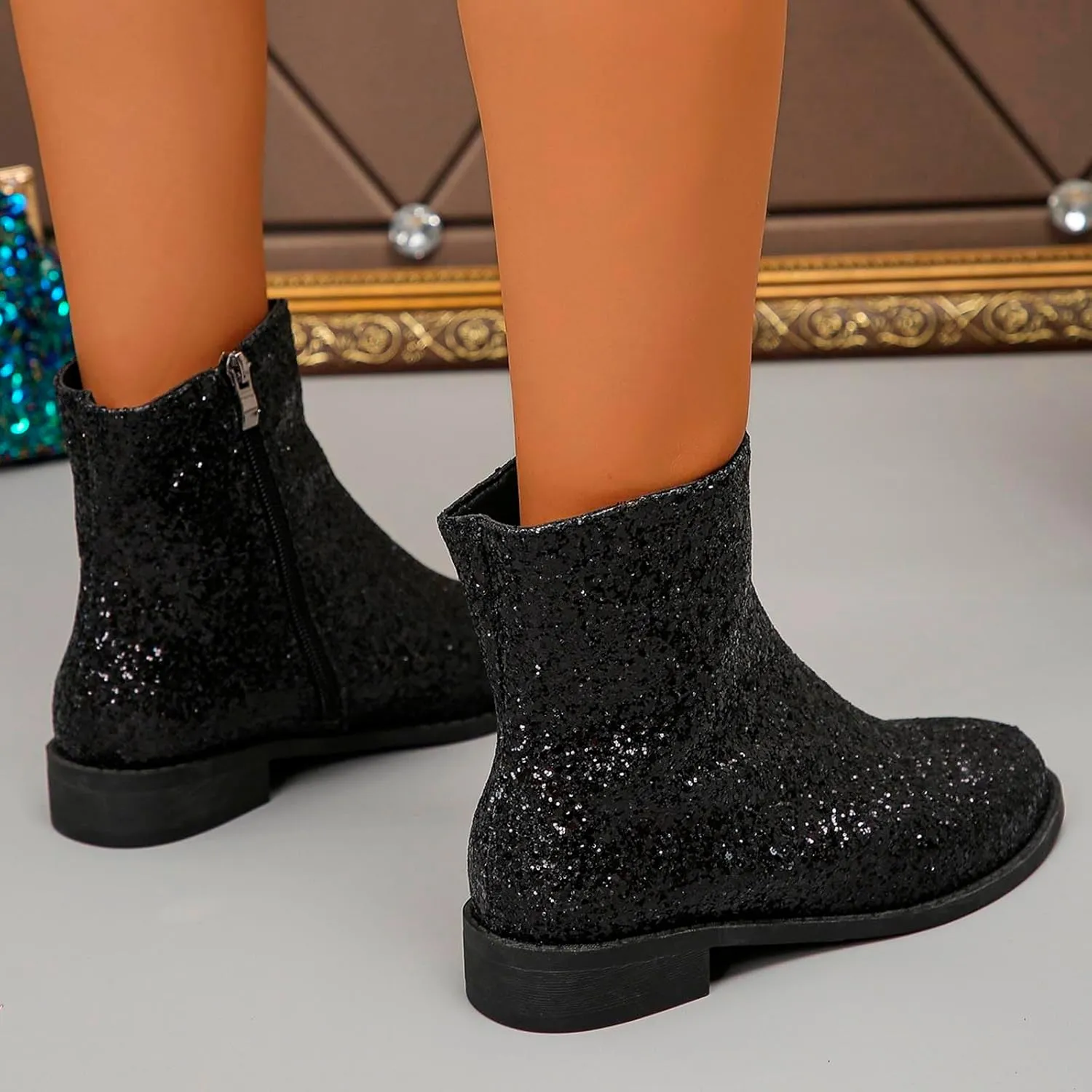 Fashion Glitter Ankle Boots Women Sparkly Zipper Low Heel Booties Shoes Round Toe Sequin Short Boot Mid Calf Bootie Wide Width Booties For Women Todays Deals In Clearance