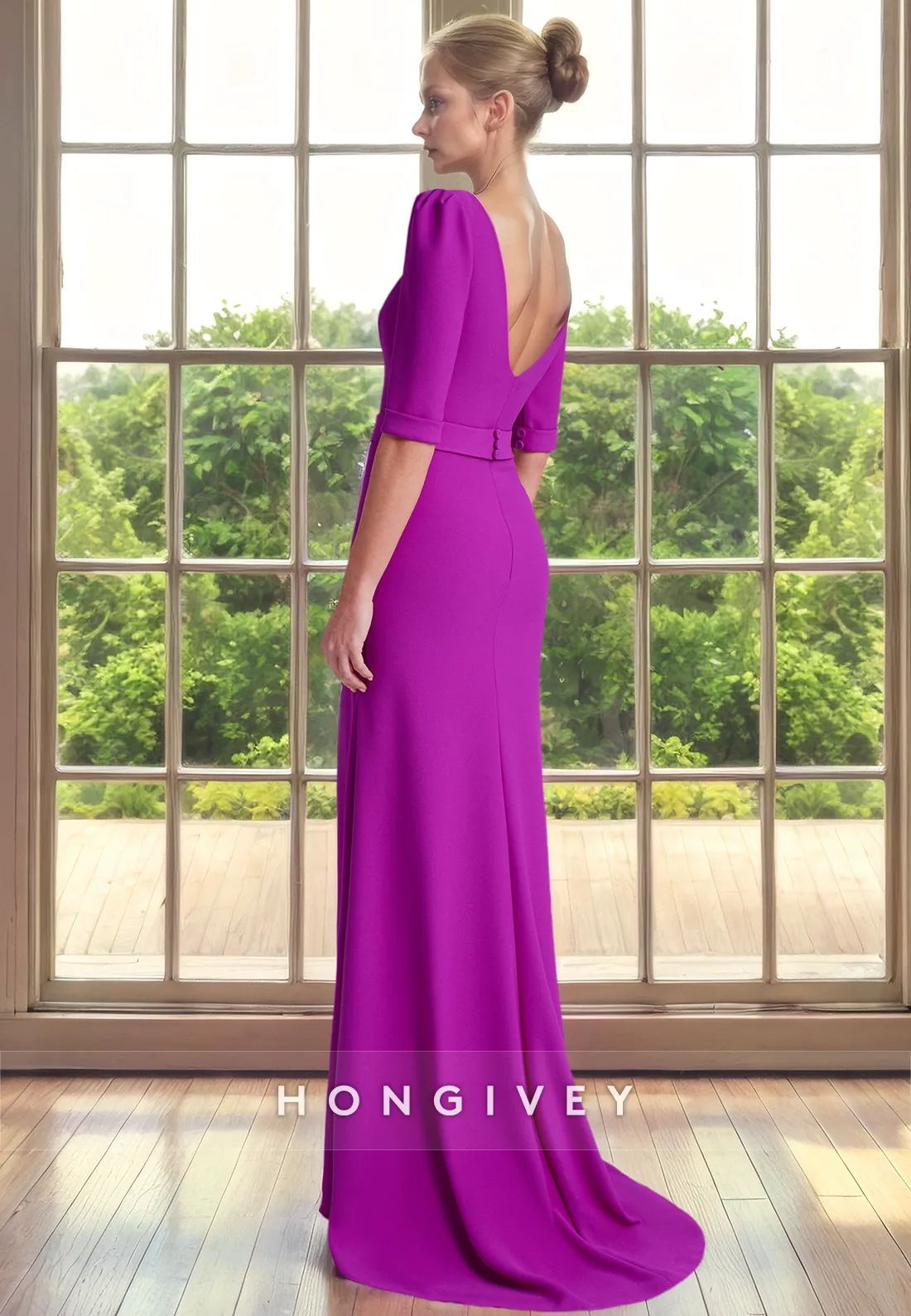 Fitted Satin Scoop Half Sleeves Empire With Slit Cocktail Evening Dress