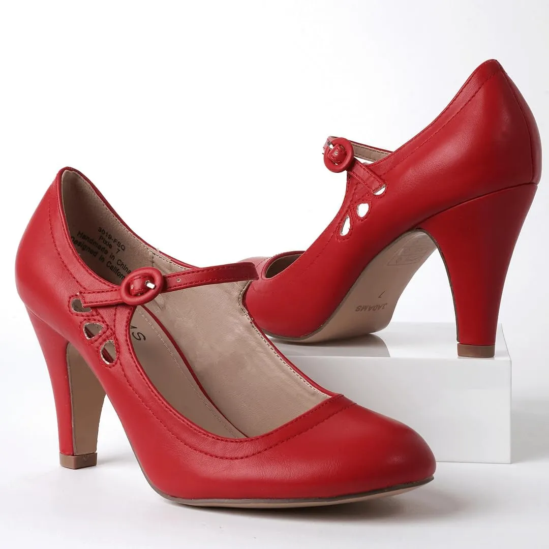 J. Adams Pixie Mary Jane Shoes Women Oxford Pumps - Cute Low Kitten High Heels - Retro Vintage Shoes for Women 1950s Mary Janes Round Toe Shoe with Ankle Strap - Women Dress Shoes