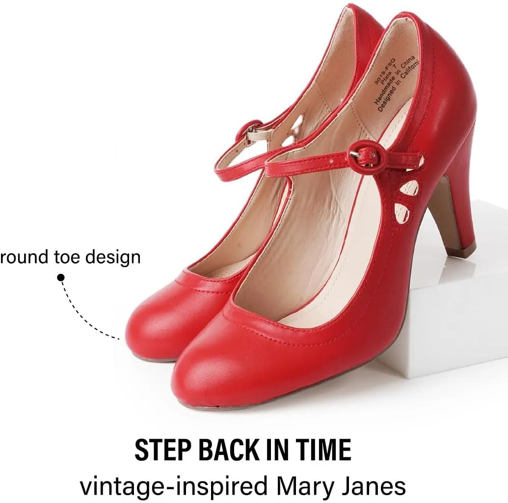 J. Adams Pixie Mary Jane Shoes Women Oxford Pumps - Cute Low Kitten High Heels - Retro Vintage Shoes for Women 1950s Mary Janes Round Toe Shoe with Ankle Strap - Women Dress Shoes