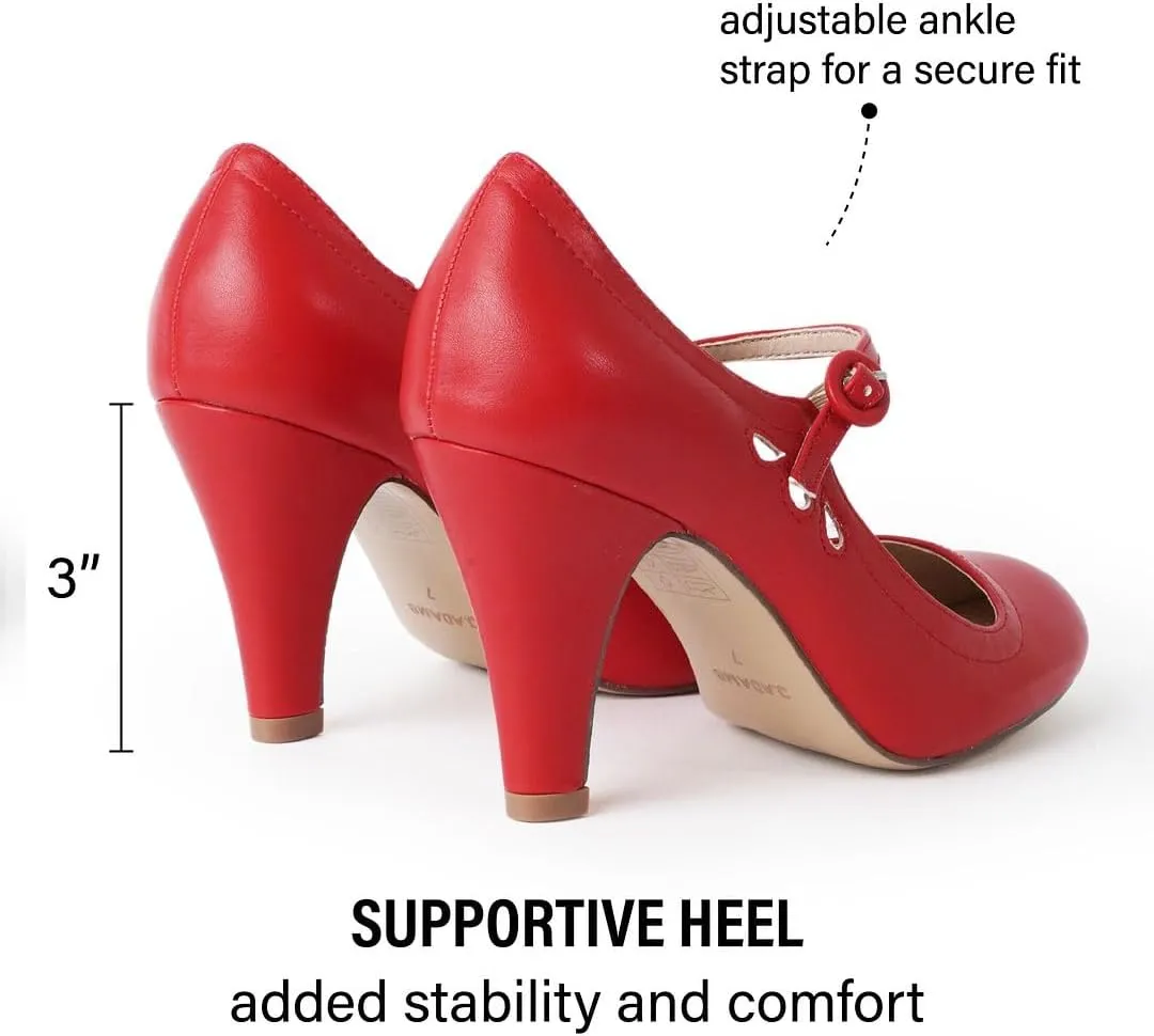 J. Adams Pixie Mary Jane Shoes Women Oxford Pumps - Cute Low Kitten High Heels - Retro Vintage Shoes for Women 1950s Mary Janes Round Toe Shoe with Ankle Strap - Women Dress Shoes