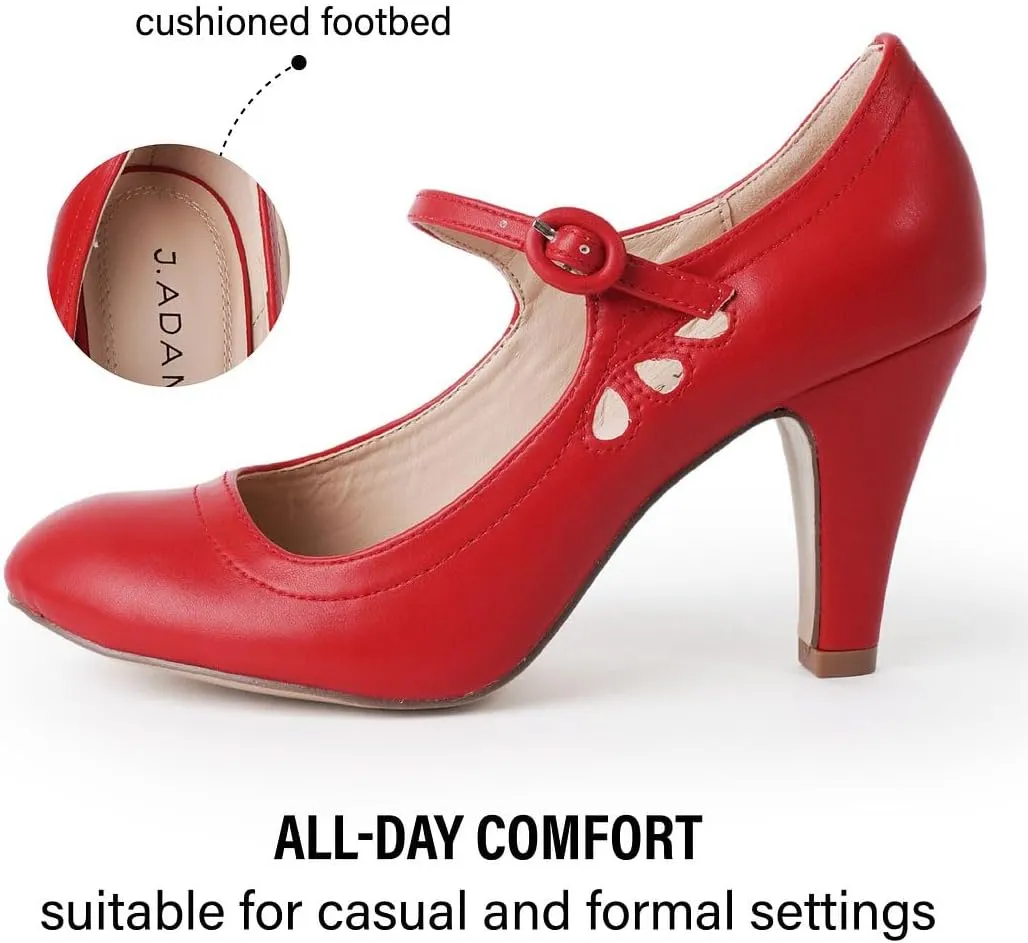 J. Adams Pixie Mary Jane Shoes Women Oxford Pumps - Cute Low Kitten High Heels - Retro Vintage Shoes for Women 1950s Mary Janes Round Toe Shoe with Ankle Strap - Women Dress Shoes