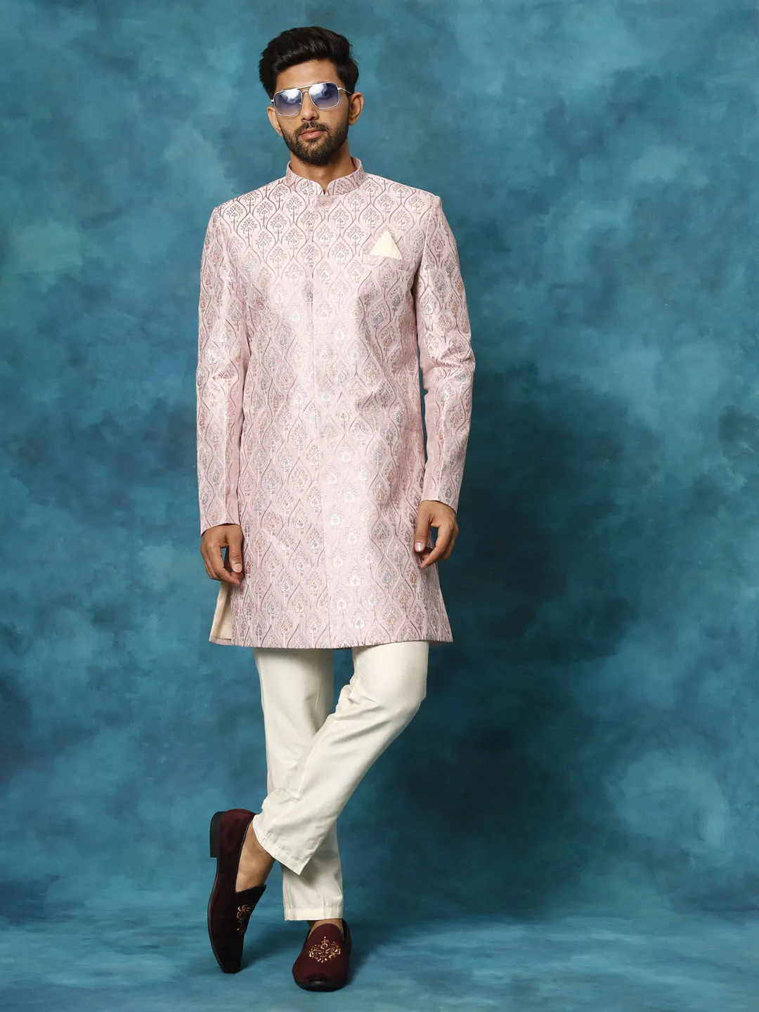 Jashvi Men's Purple Pastel Embroidered Sherwani Set