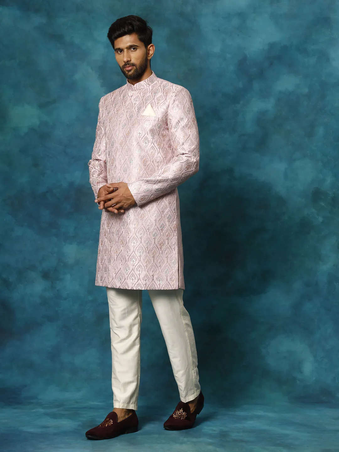 Jashvi Men's Purple Pastel Embroidered Sherwani Set