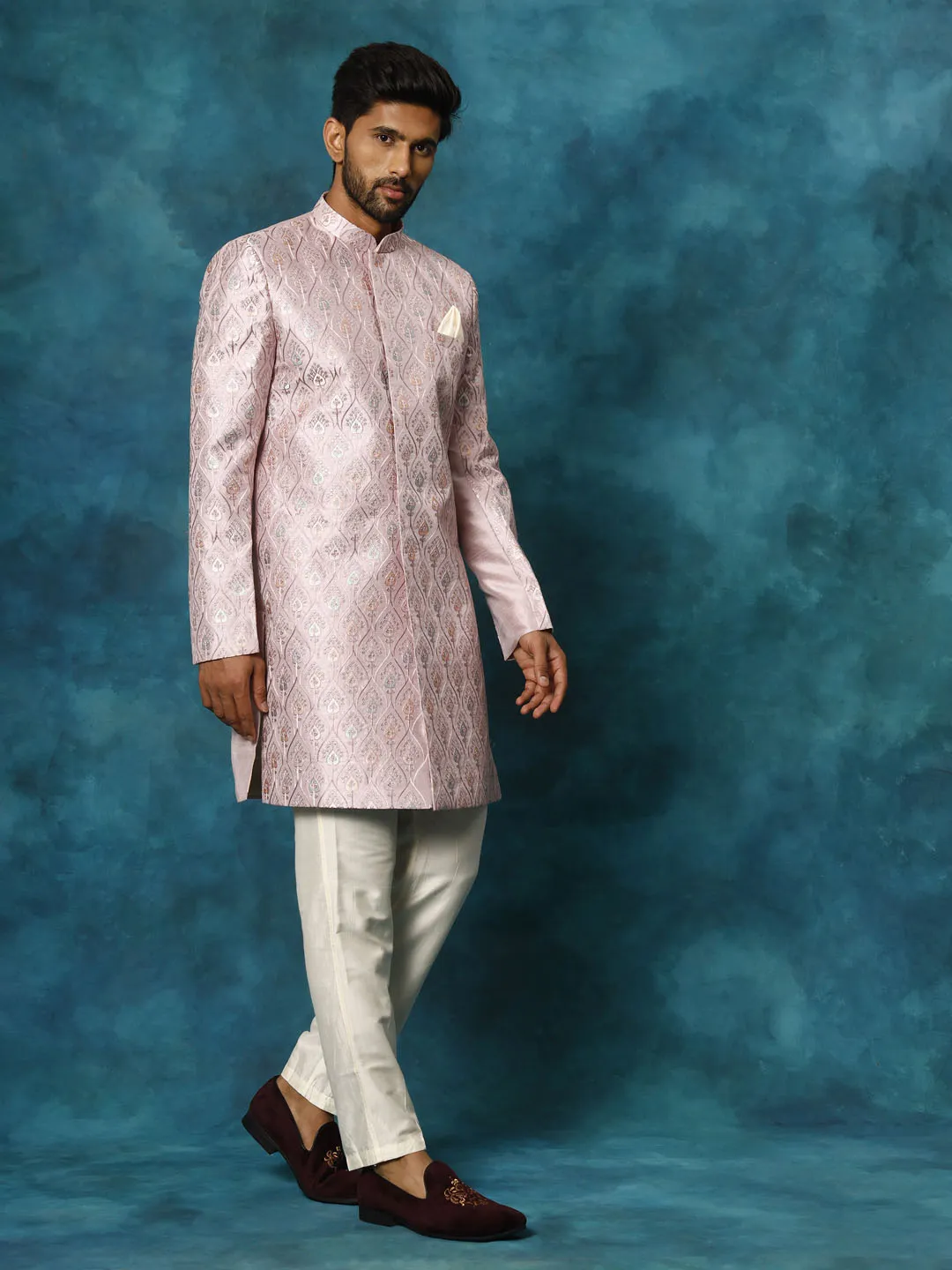 Jashvi Men's Purple Pastel Embroidered Sherwani Set