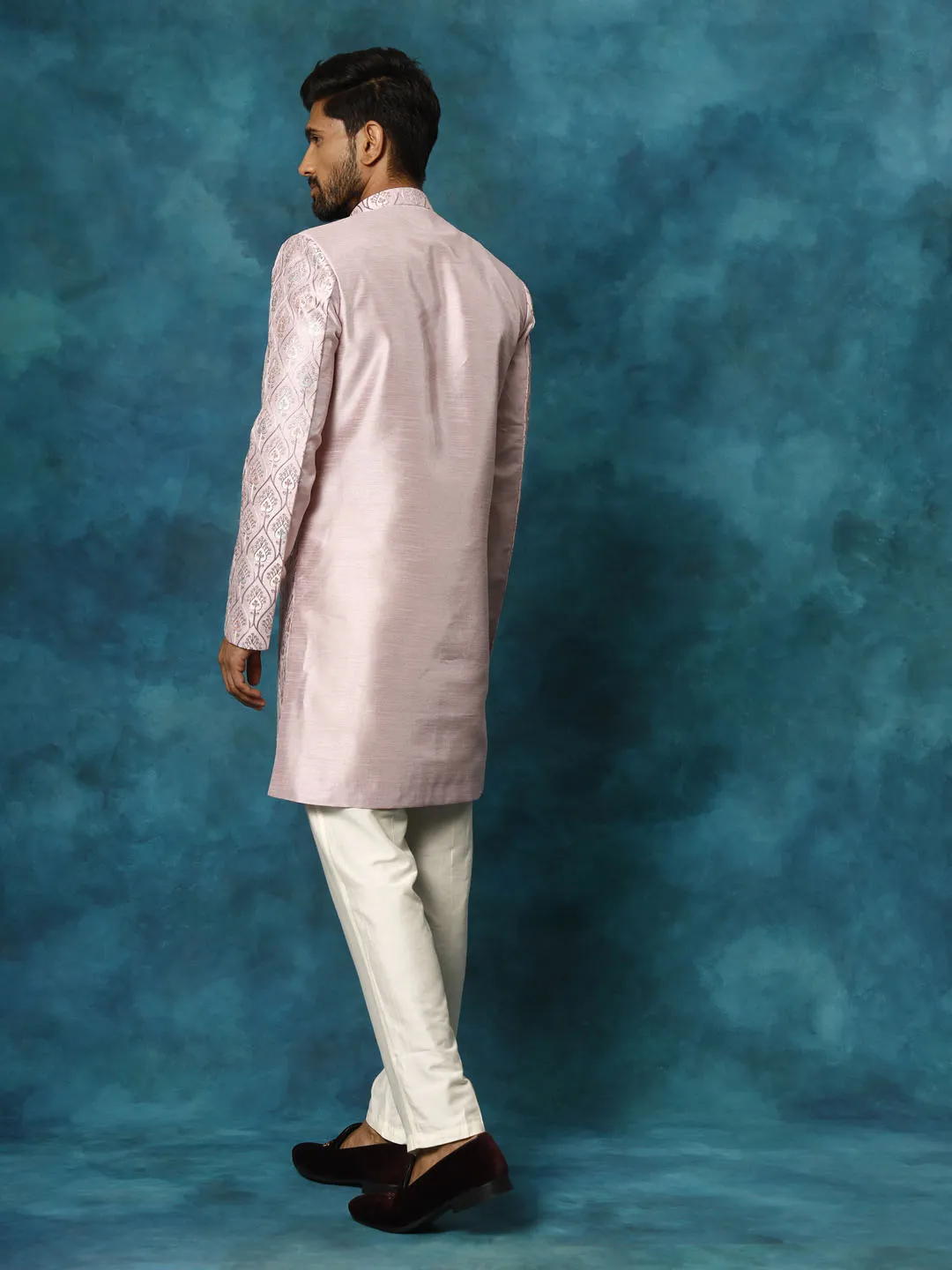 Jashvi Men's Purple Pastel Embroidered Sherwani Set