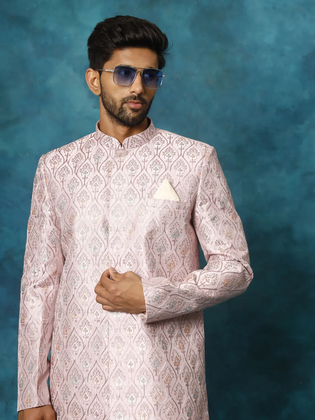 Jashvi Men's Purple Pastel Embroidered Sherwani Set