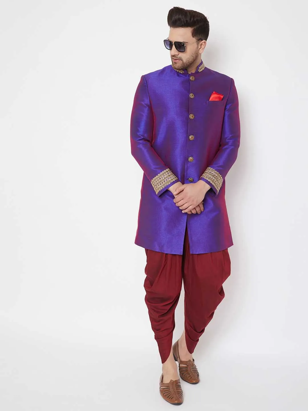 Jashvi Men's Purple Silk Blend Sherwani Top