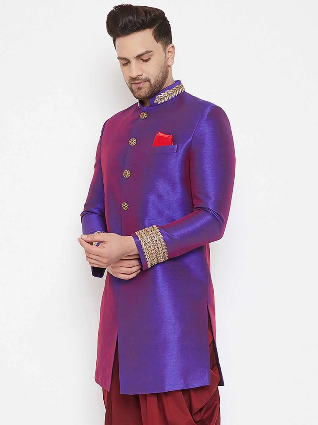 Jashvi Men's Purple Silk Blend Sherwani Top