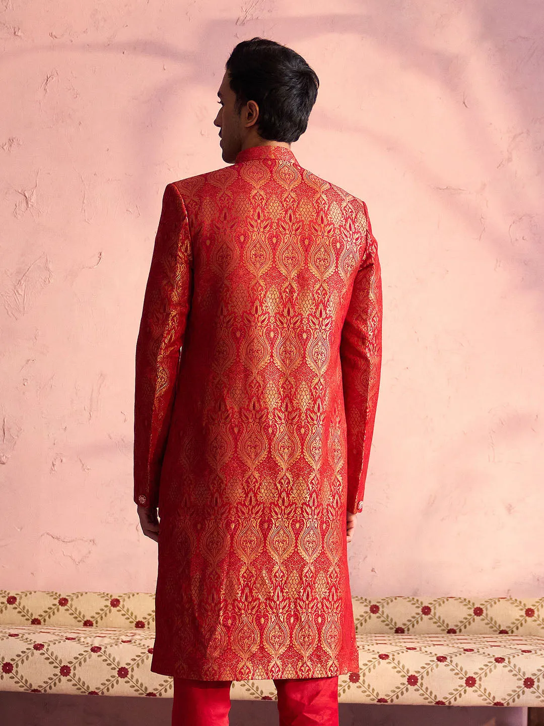 Jashvi Men's Red Jacquard Sherwani Only Top
