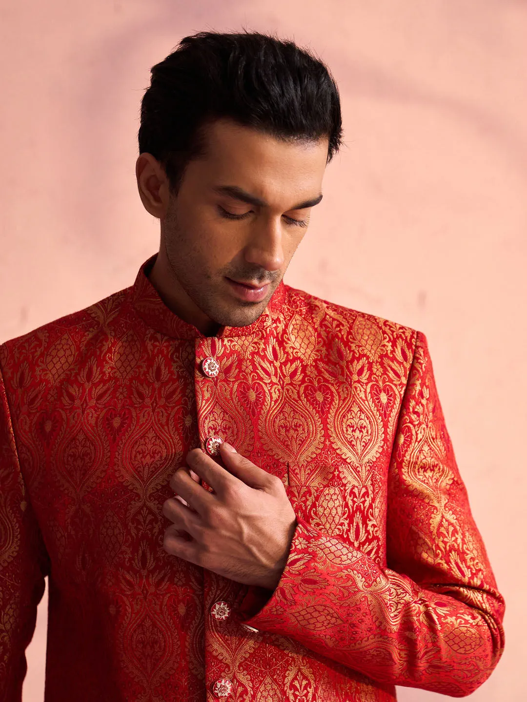 Jashvi Men's Red Jacquard Sherwani Only Top