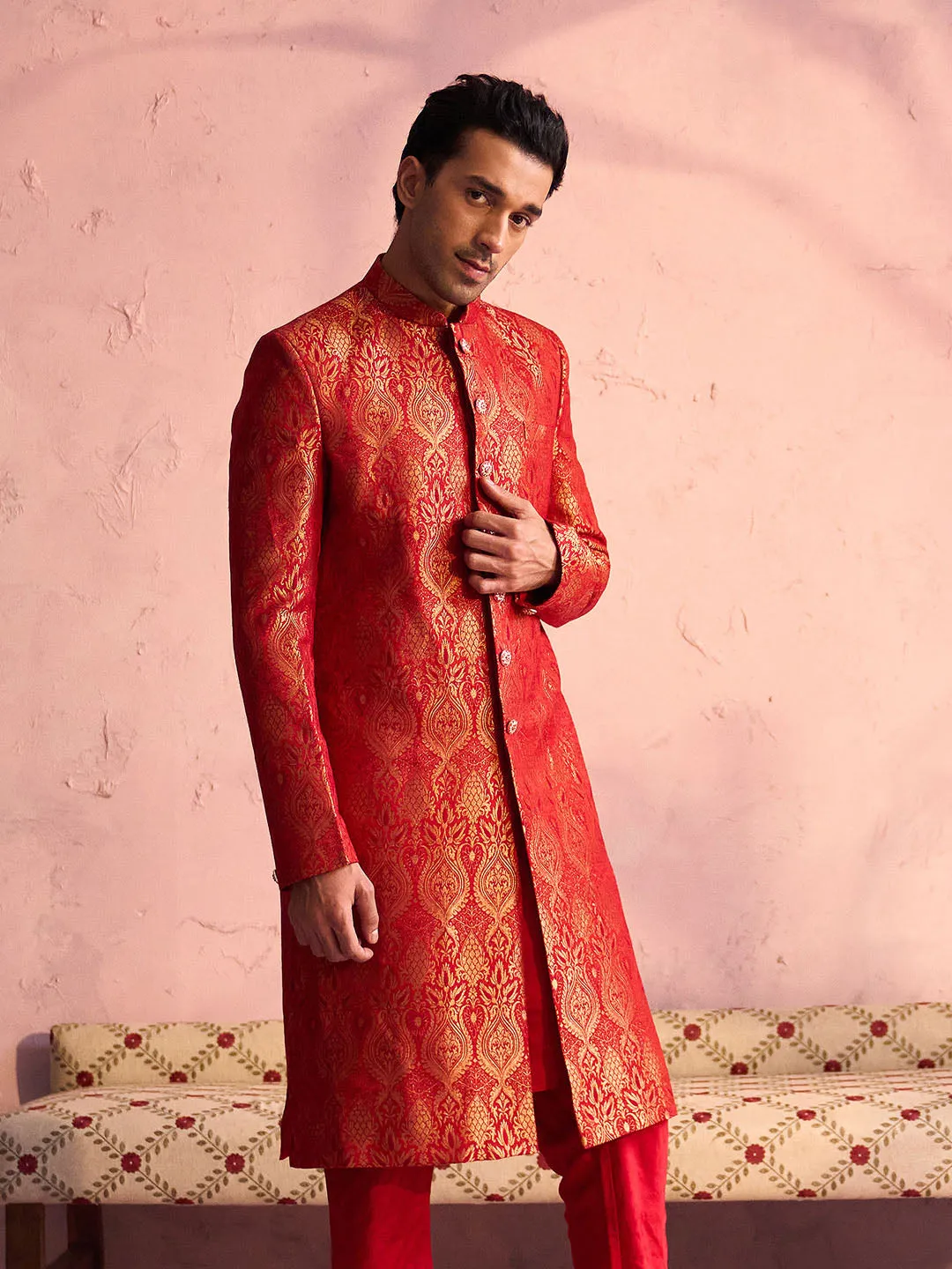 Jashvi Men's Red Jacquard Sherwani Only Top