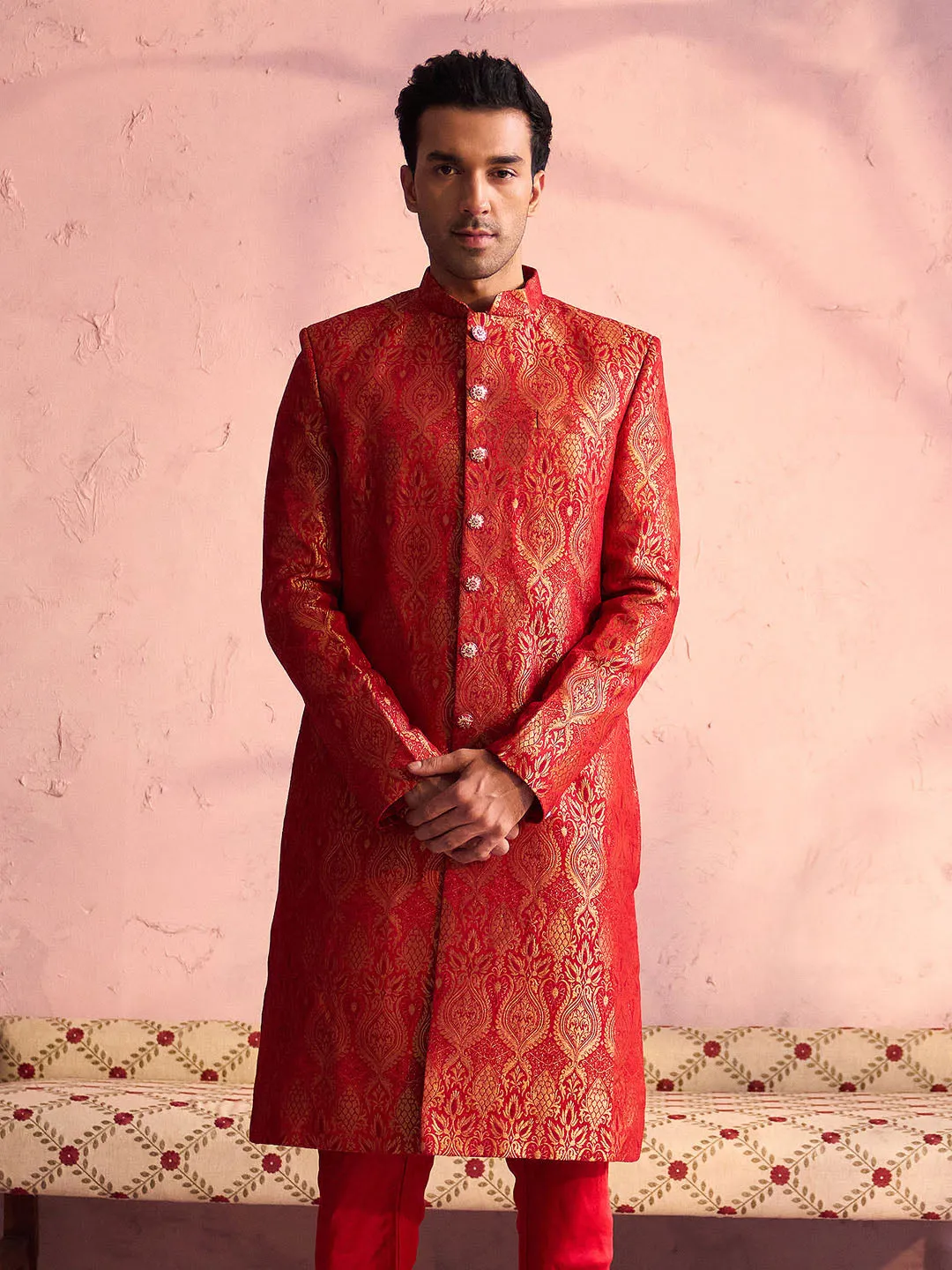 Jashvi Men's Red Jacquard Sherwani Only Top