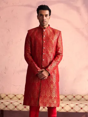 Jashvi Men's Red Jacquard Sherwani Only Top