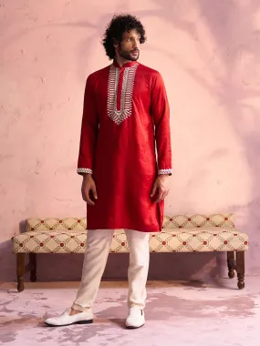 Jashvi Men's Red Silk Blend Machine Embroidered Kurta Pyjama