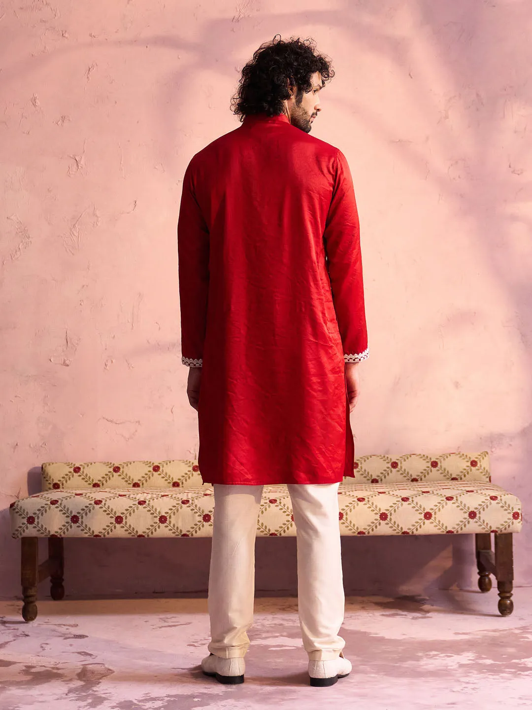 Jashvi Men's Red Silk Blend Machine Embroidered Kurta Pyjama
