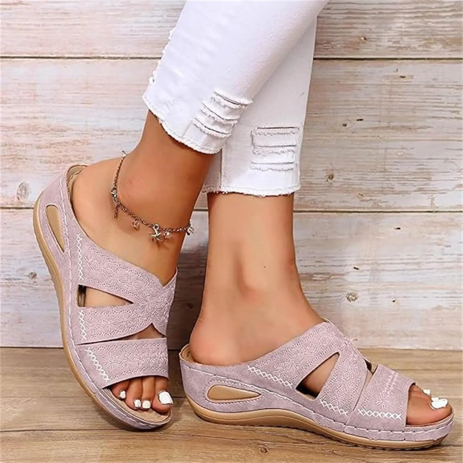 Lausiuoe Sandals Women Dressy Summer Flat Cute Casual Beach Shoes Fashion Orthotic Slides Comfy Slip On Orthopedic Slippers