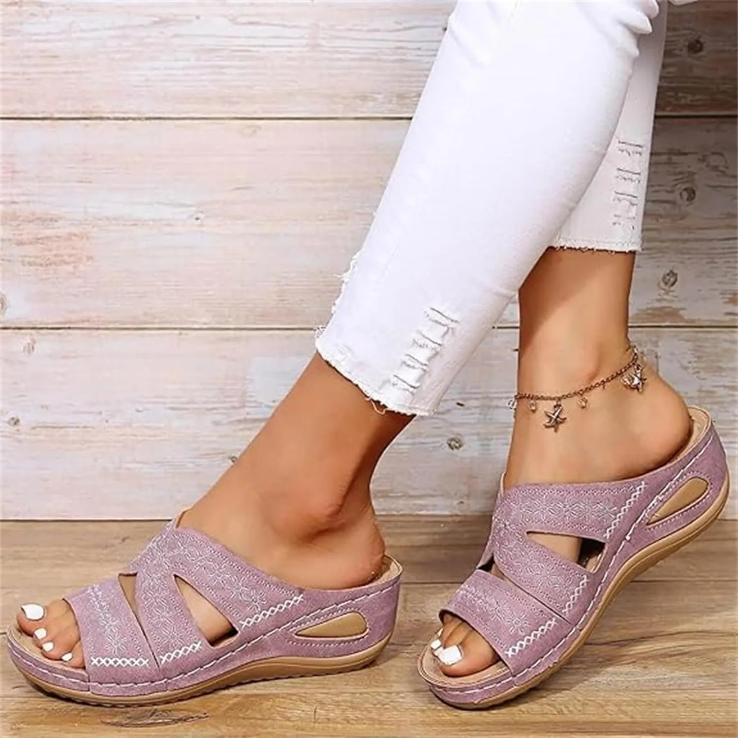 Lausiuoe Sandals Women Dressy Summer Flat Cute Casual Beach Shoes Fashion Orthotic Slides Comfy Slip On Orthopedic Slippers