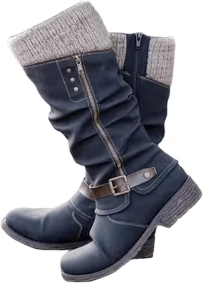 Lausiuoe Winter Boots For Women Fashion 2022 Platform Mid Calf Low Heel Round-Toe Side Zip Punk Lace Up Military Combat Boots