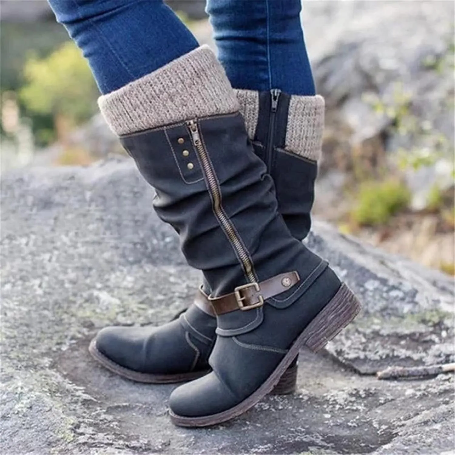 Lausiuoe Winter Boots For Women Fashion 2022 Platform Mid Calf Low Heel Round-Toe Side Zip Punk Lace Up Military Combat Boots