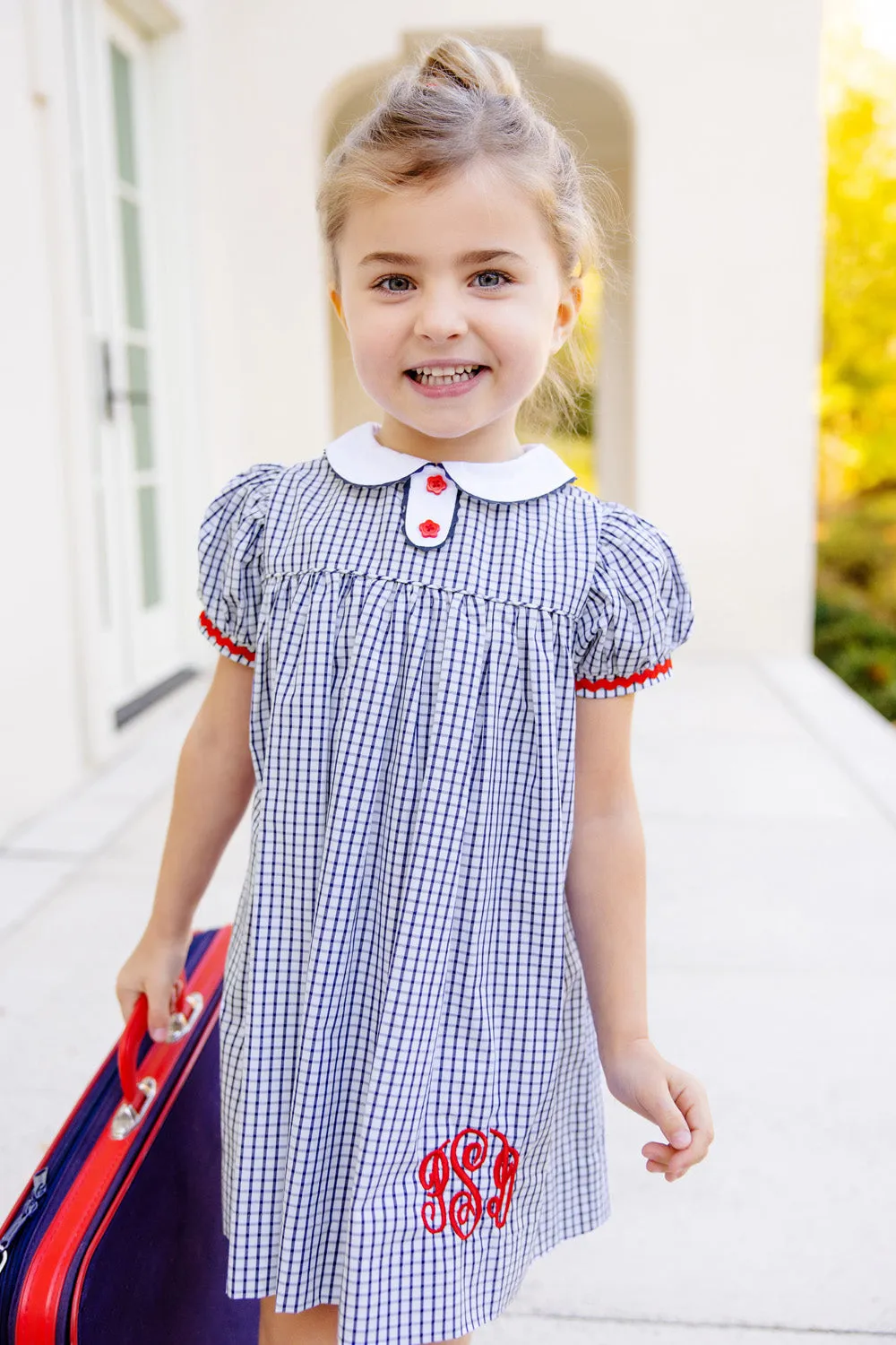 Mary Dal Dress - Nantucket Navy Windowpane with Richmond Red Ric Rac