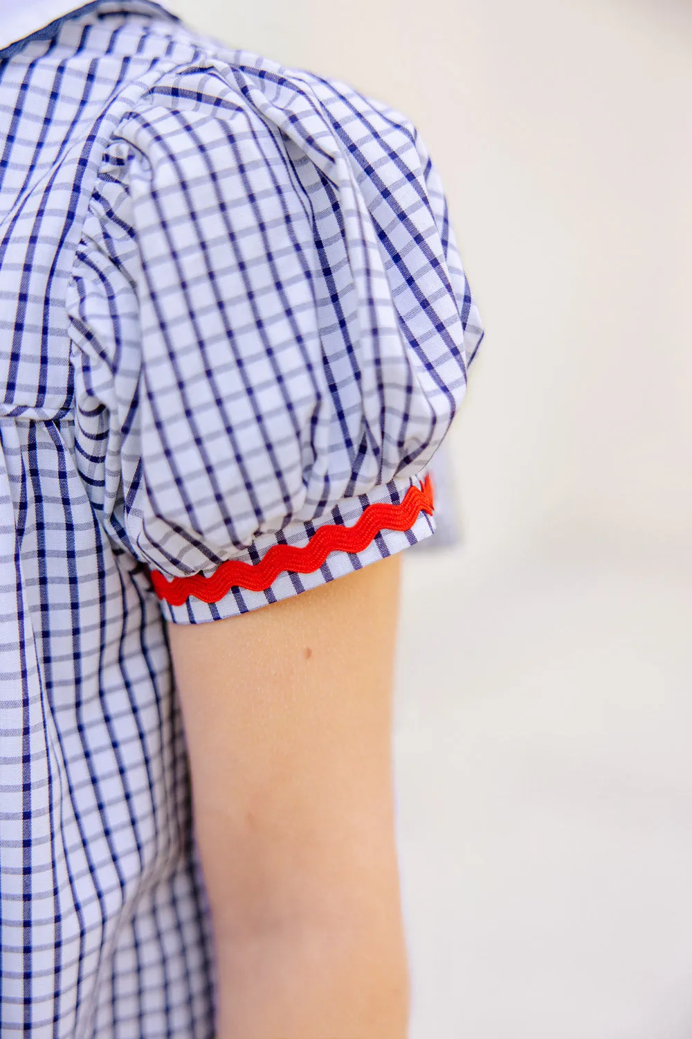 Mary Dal Dress - Nantucket Navy Windowpane with Richmond Red Ric Rac
