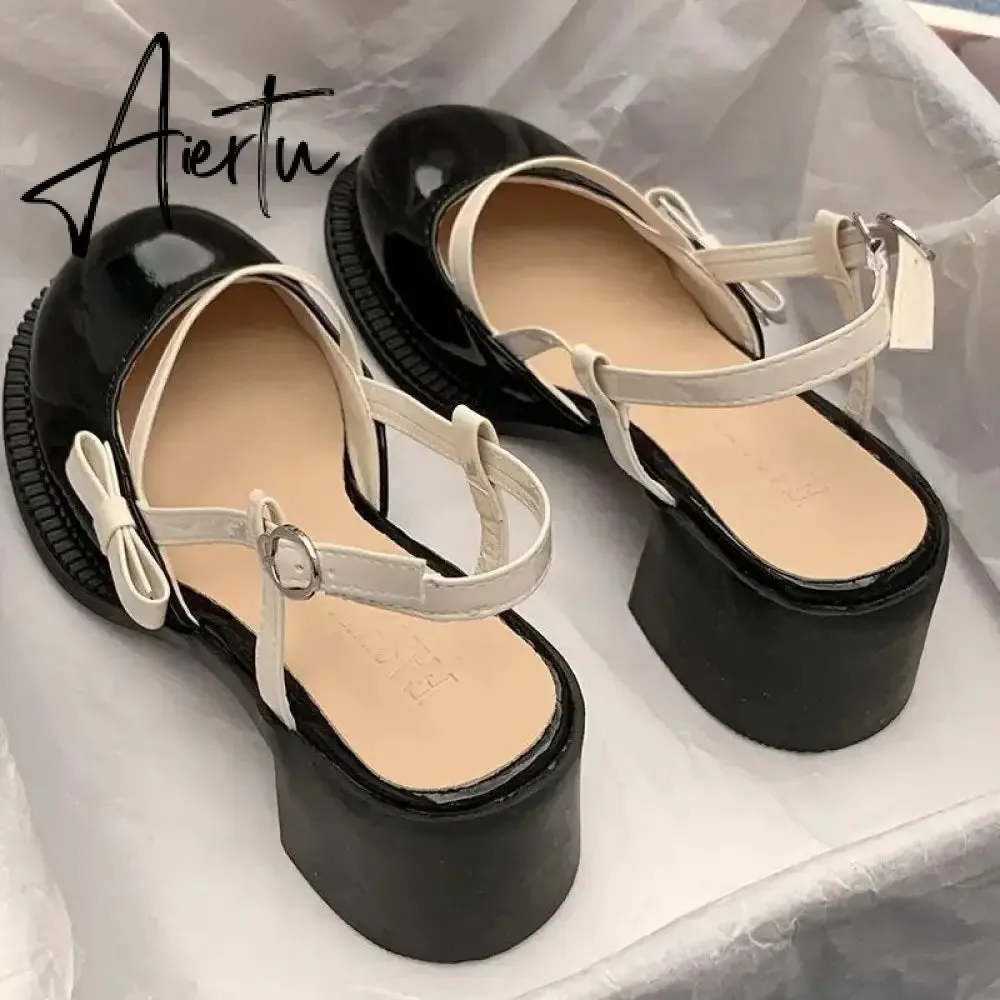 Mary Janes Platform Shoes Summer Buckle Bow Round Toe Sweet Casual Shoes Lolita Hollow Fairy Elegant Sandals Woman Shoes