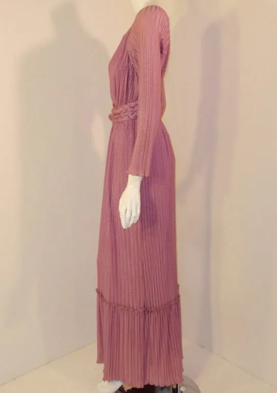 MARY MCFADDEN 1970s Mauve Pleated Gown,Rope Belt Size 10