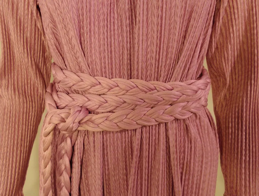 MARY MCFADDEN 1970s Mauve Pleated Gown,Rope Belt Size 10