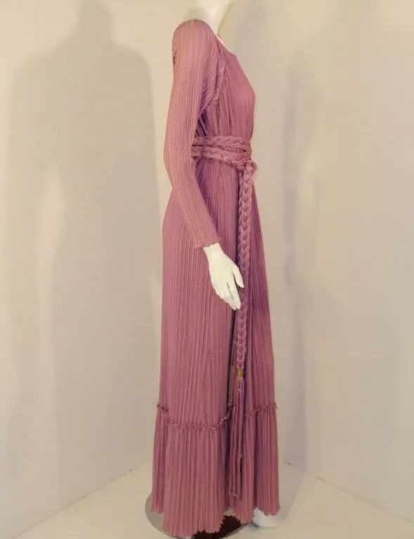 MARY MCFADDEN 1970s Mauve Pleated Gown,Rope Belt Size 10